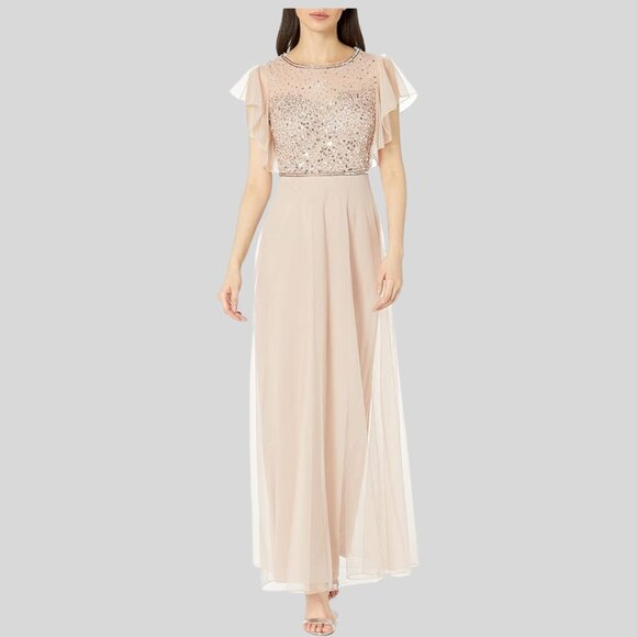 NWT - JKara Illusion Neckline Flutter Sleeve Beaded Long Dress Formal - Blush P6 - Picture 6 of 8
